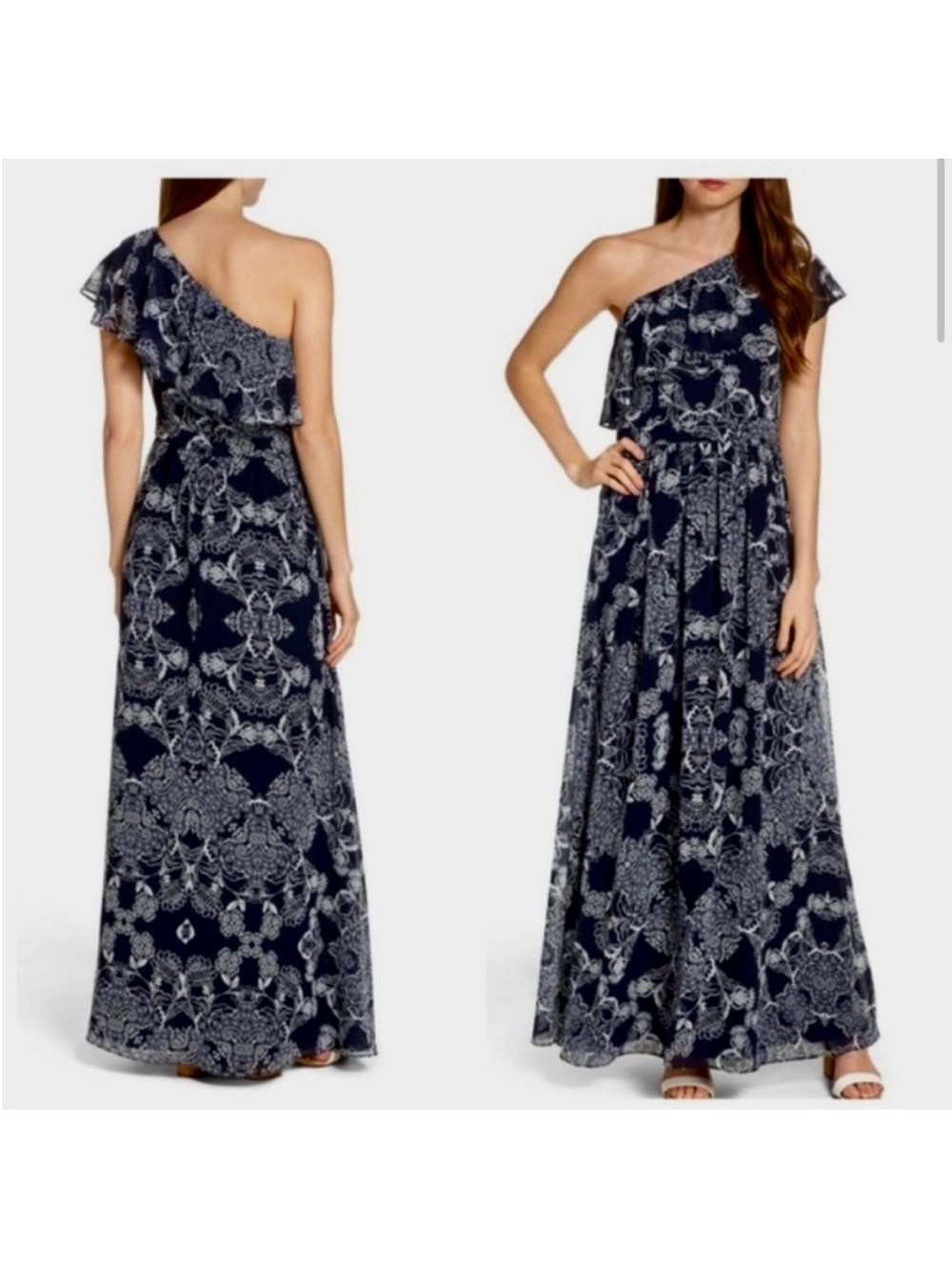 Vince Camuto Navy and White One Shoulder Floral Dress